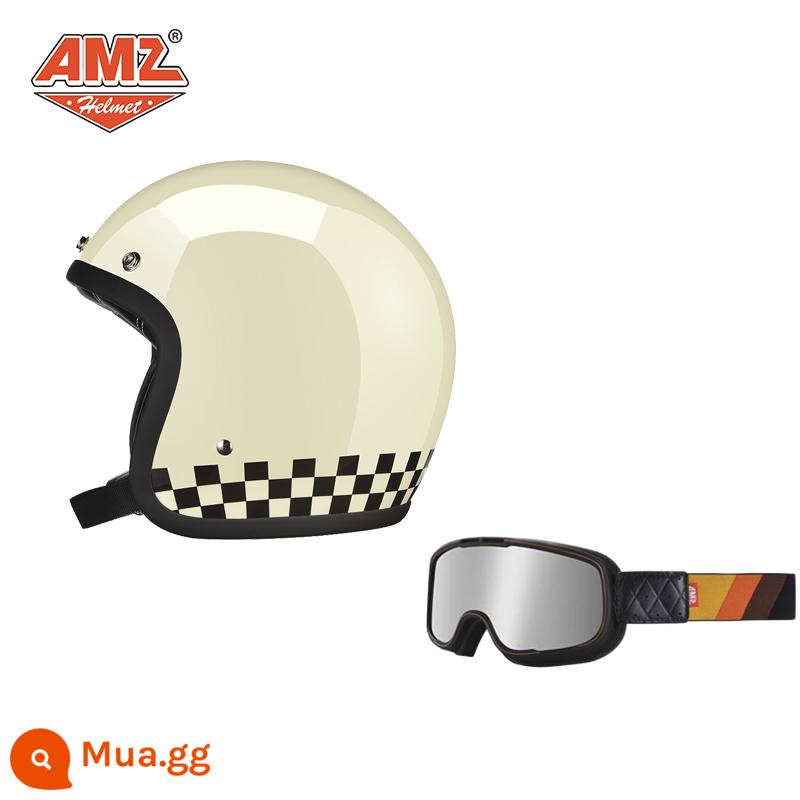 AMZ Retro Đầu Máy Đầu Máy Mũ Bảo Hiểm Nữ Mùa Hè Ba Phần Tư Xe Điện Nam 3C Chứng Nhận Harley Mũ Bảo Hiểm Nửa - Lưới đen trắng trắng sáng + kính bảo hộ gọng đen mạ bạc (SF Express miễn phí vận chuyển)