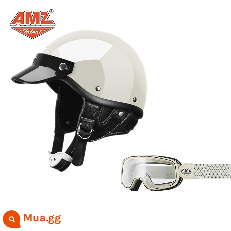 AMZ Nhật Bản Retro Xe Máy Nữ Mũ Bảo Hiểm Nhỏ Harley Sợi Thủy Tinh Xe Máy Mũ Bảo Hiểm Nửa Xe Điện Nam Muỗng Mũ Bảo Hiểm - Màu trắng bóng + gọng trắng và kính bảo hộ có vạch trắng (SF Express miễn phí vận chuyển thân mũ bảo hiểm nhỏ không phải 3C)