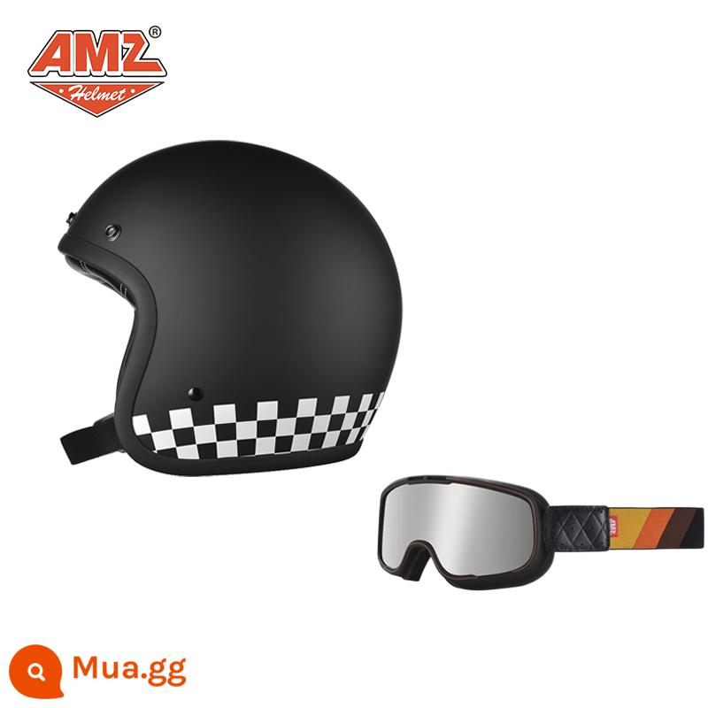 AMZ Retro Đầu Máy Đầu Máy Mũ Bảo Hiểm Nữ Mùa Hè Ba Phần Tư Xe Điện Nam 3C Chứng Nhận Harley Mũ Bảo Hiểm Nửa - Kẻ ca rô đen trắng mờ + kính bảo hộ gọng đen mạ bạc (SF Express miễn phí vận chuyển)