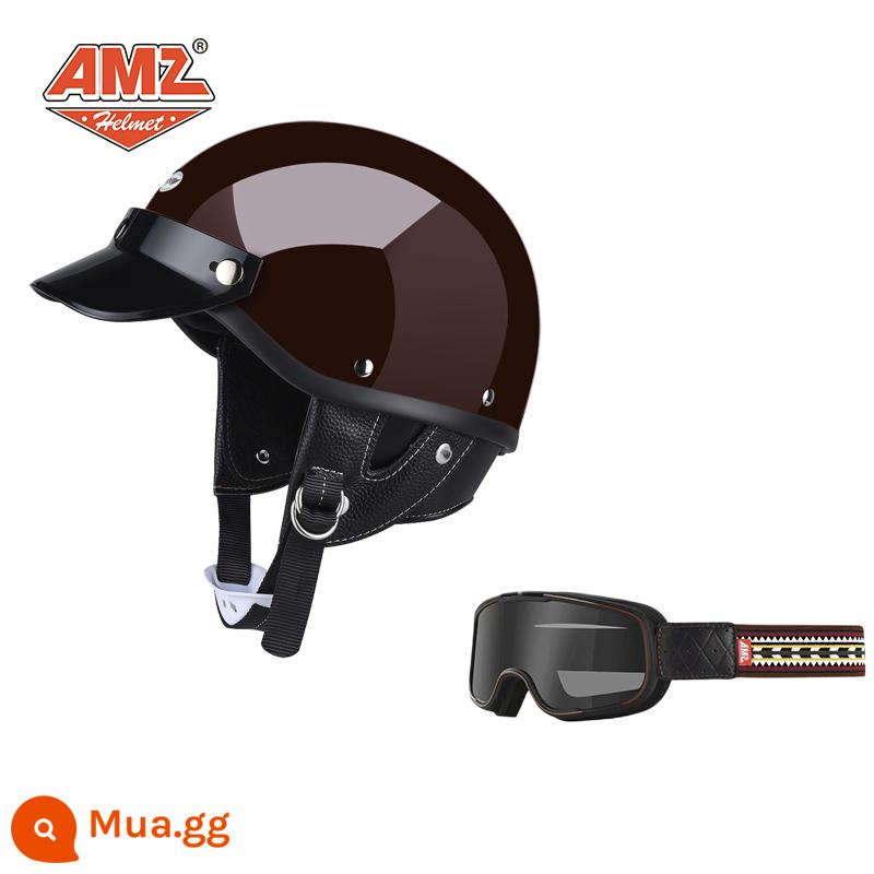 AMZ Nhật Bản Retro Xe Máy Nữ Mũ Bảo Hiểm Nhỏ Harley Sợi Thủy Tinh Xe Máy Mũ Bảo Hiểm Nửa Xe Điện Nam Muỗng Mũ Bảo Hiểm - Màu đỏ cổ điển + kính Ấn Độ (Phiên bản 3C SF Express miễn phí vận chuyển)