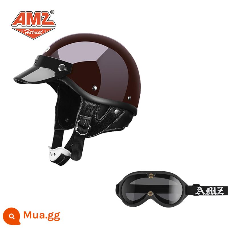 AMZ Nhật Bản Retro Xe Máy Nữ Mũ Bảo Hiểm Nhỏ Harley Sợi Thủy Tinh Xe Máy Mũ Bảo Hiểm Nửa Xe Điện Nam Muỗng Mũ Bảo Hiểm - Kính bảo hộ mới màu đỏ + đen cổ điển (SF Express miễn phí vận chuyển thân mũ bảo hiểm nhỏ không phải 3C)