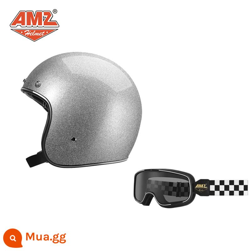 AMZ Retro Đầu Máy Đầu Máy Mũ Bảo Hiểm Nữ Mùa Hè Ba Phần Tư Xe Điện Nam 3C Chứng Nhận Harley Mũ Bảo Hiểm Nửa - Đèn flash bạc + kính ca rô đen trắng (SF Express miễn phí vận chuyển)