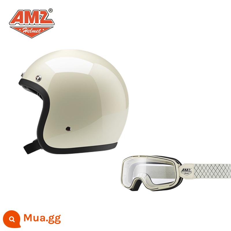 AMZ Retro Đầu Máy Đầu Máy Mũ Bảo Hiểm Nữ Mùa Hè Ba Phần Tư Xe Điện Nam 3C Chứng Nhận Harley Mũ Bảo Hiểm Nửa - Kính trắng ngà + gọng trắng và vạch trắng (SF Express miễn phí vận chuyển)