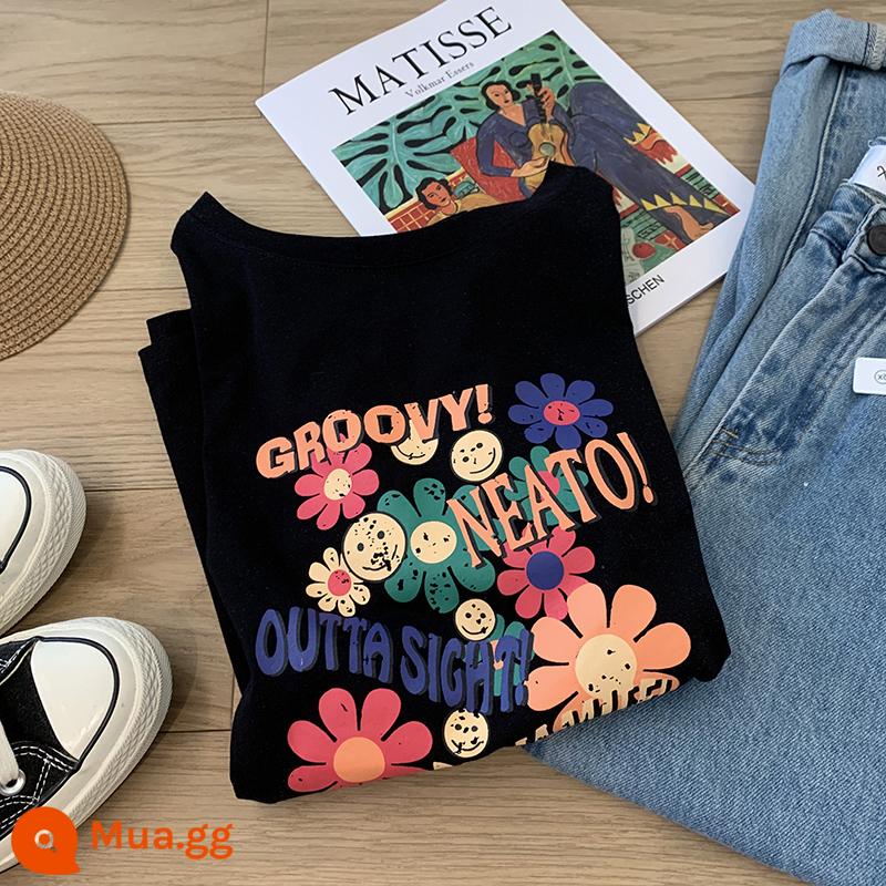 Black T -Shirt nữ ngắn -Sleeved Summer 2022 Cotton cổ tròn mới Mùa hè in mùa hè in nửa -sleeved t -shirt ins - đen