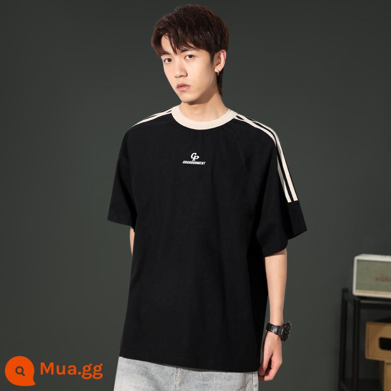 Nặng 300g Ice Silk T-shirt nam triều thương hiệu mùa hè rời Mỹ ngắn tay áo thun in hình nam nửa tay màu đen - 5238-đen