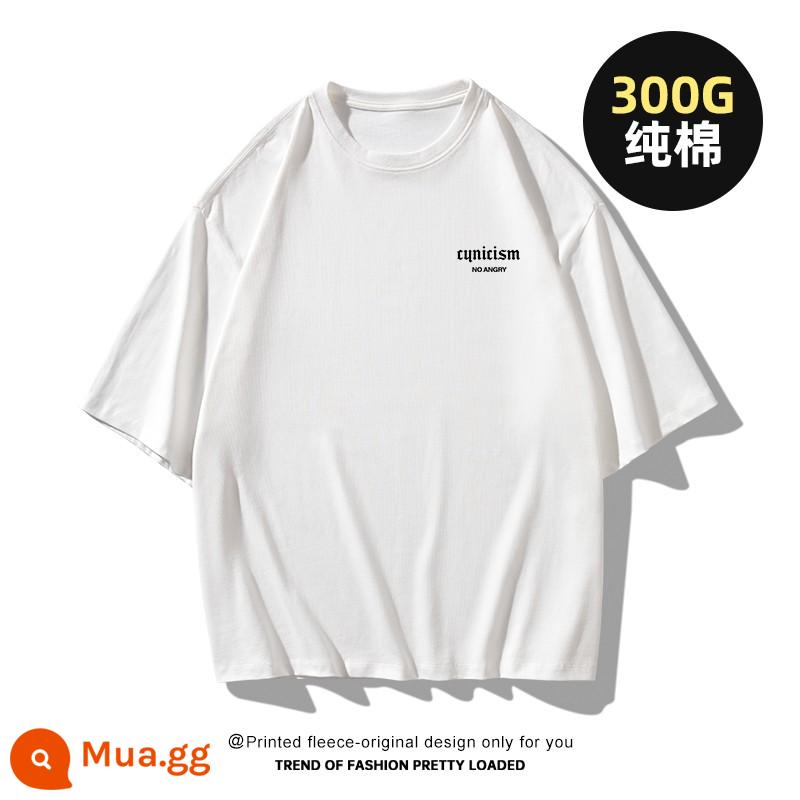 Áo thun nam ngắn tay nặng 250g cotton nguyên chất mùa hè phần mỏng theo xu hướng nửa tay áo thun nửa tay lụa băng của Mỹ - G2459-White [300g cotton nguyên chất-nặng và dày]