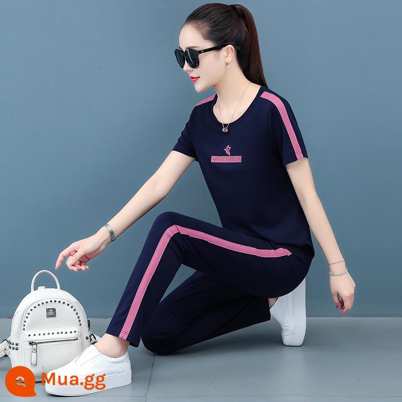 Bộ đồ thể thao cotton quần áo mùa hè của phụ nữ 2023 thời trang mùa hè mới của mẹ quần áo thường ngày mùa hè bộ đồ hai mảnh ngắn tay - Xanh sapphire (bộ quần chín điểm) 7715