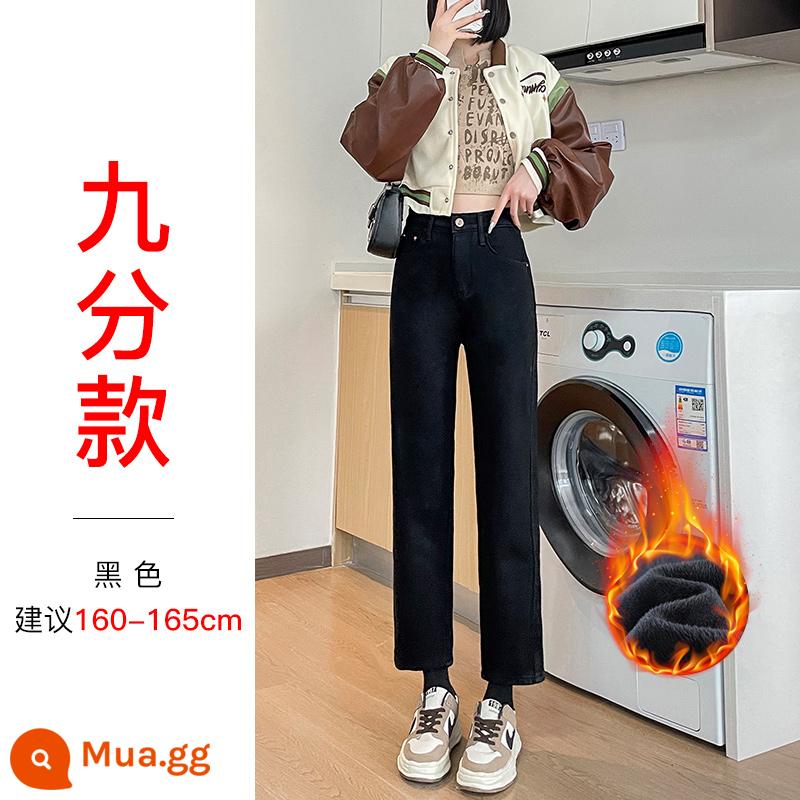 Quần jeans nhung xanh retro dành cho nữ xuân thu 2024 mới cạp cao thon gọn, quần thuốc lá thẳng dành cho người nhỏ nhắn - Đen nhung [kiểu chín điểm] - Chiều cao khuyến nghị 160-165cm