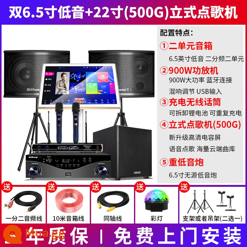 Qisheng K20 Family KTV Audio Set - Đầu karaoke kép 6,5 inch + dọc (500G) + micro sạc không dây kép + loa siêu trầm 6,5 inch