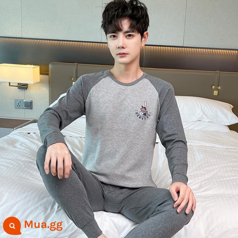 Bộ quần áo thu đông bằng cotton nguyên chất dành cho nam quần lót vệ sinh dành cho học sinh trung học cơ sở và trung học phổ thông cotton ấm áo len cotton mỏng phần - bóng chày vai xám