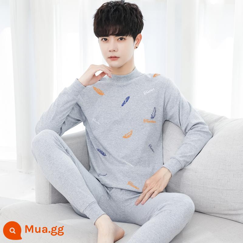 Bộ quần áo thu đông bằng cotton nguyên chất dành cho nam quần lót vệ sinh dành cho học sinh trung học cơ sở và trung học phổ thông cotton ấm áo len cotton mỏng phần - Lông màu xám thạch nam cổ vừa