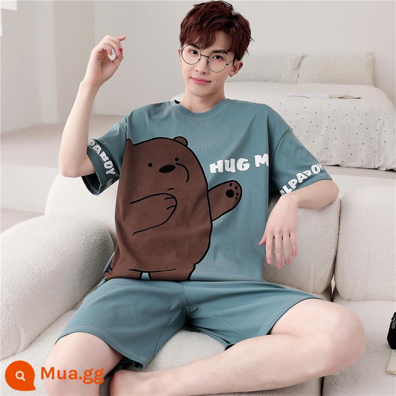 Bộ đồ ngủ nam mùa hè cotton nguyên chất ngắn tay ngắn tay phần mỏng cộng với kích thước mùa xuân và mùa hè nam giới có thể mặc bộ quần áo dịch vụ tại nhà - WB tay ngắn 1304