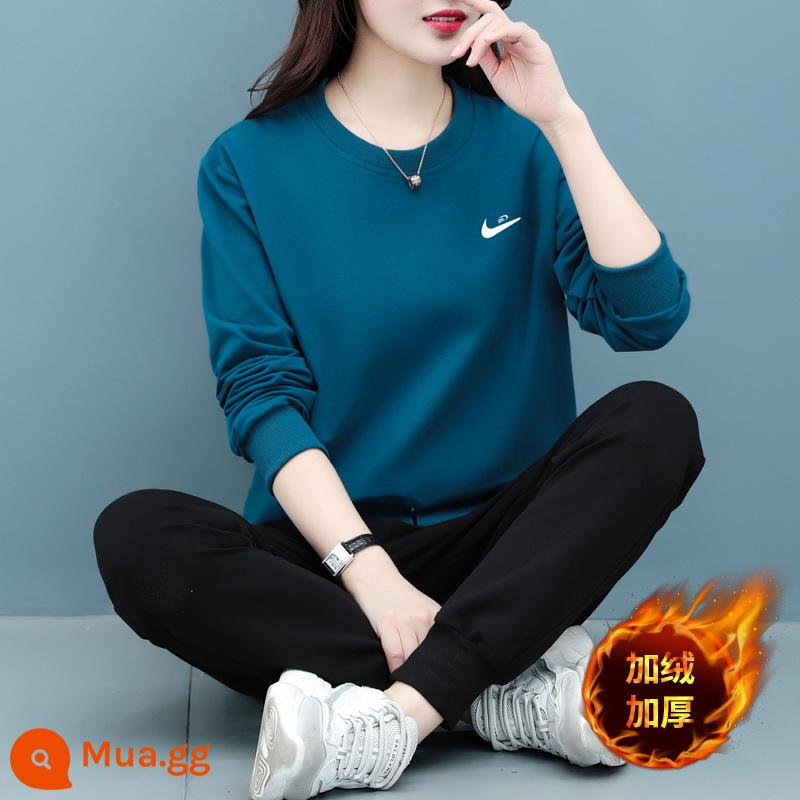 Trang web chính thức chính hãng Bộ đồ thun cotton dày màu xám cho nữ xuân thu 2023 bộ đồ thể thao chạy bộ rộng rãi của mẹ - Màu xanh denim cộng với lông cừu