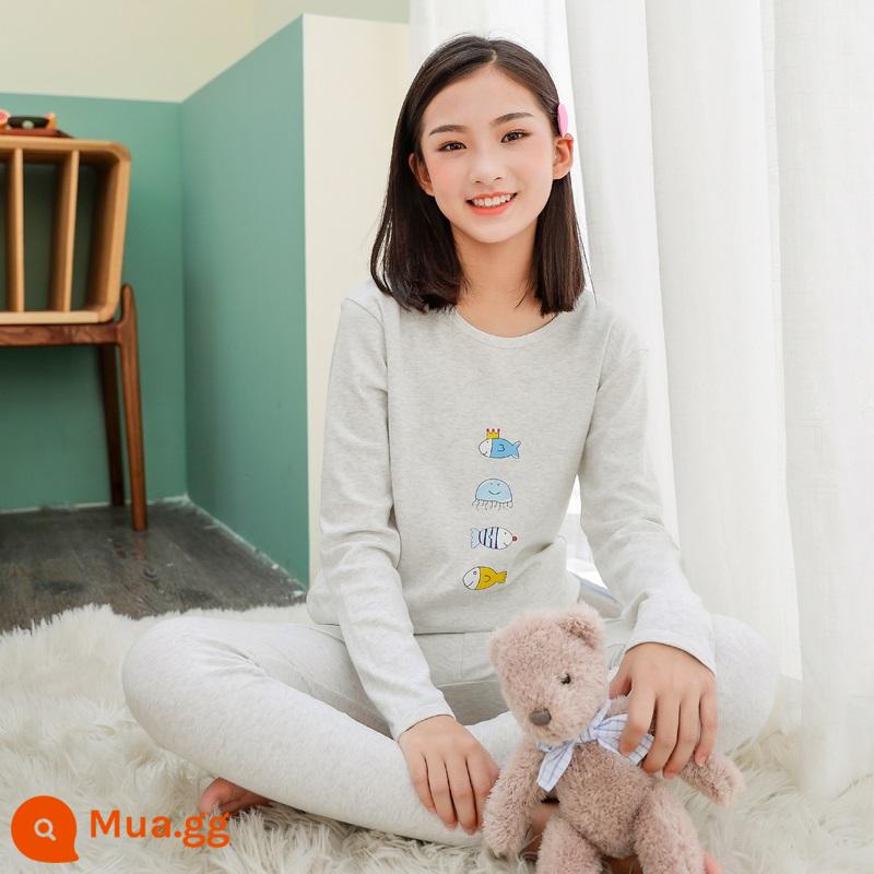 Quần áo mùa thu vệ sinh quần cotton nguyên chất của phụ nữ phù hợp với học sinh trung học cơ sở cotton bé gái sưởi ấm quần áo trung và lớn bé trai và bé gái áo len cotton mỏng - cá xám