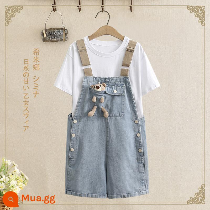 13-14 bé gái học sinh trung học cơ sở 15-16 tuổi denim ngắn tay bé gái quần túi phù hợp với mùa hè bộ đồ hai mảnh rộng rãi - Túi Quần Bé Gái Trắng + Gấu Hug Kiểu 6202