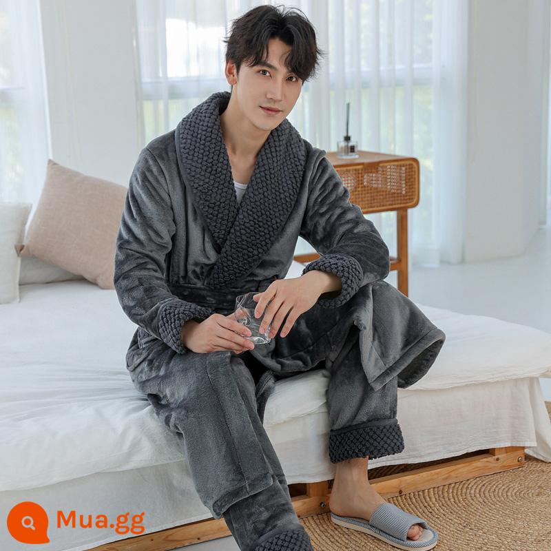 Áo choàng nam của Pyjamas vào mùa thu và mùa đông Phiên bản dài của san hô dày lên cộng với áo choàng tắm nhung mùa đông với quần - Áo choàng + quần nam màu xám 201