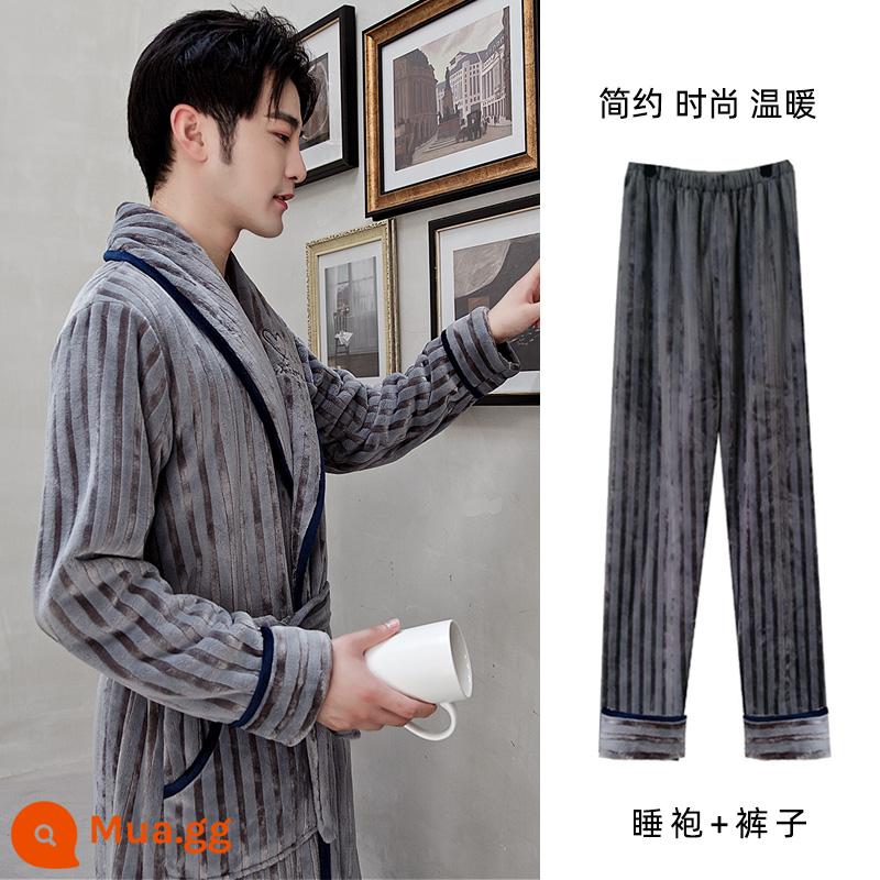 Áo choàng nam của Pyjamas vào mùa thu và mùa đông Phiên bản dài của san hô dày lên cộng với áo choàng tắm nhung mùa đông với quần - Áo choàng + quần nam sọc xám 209