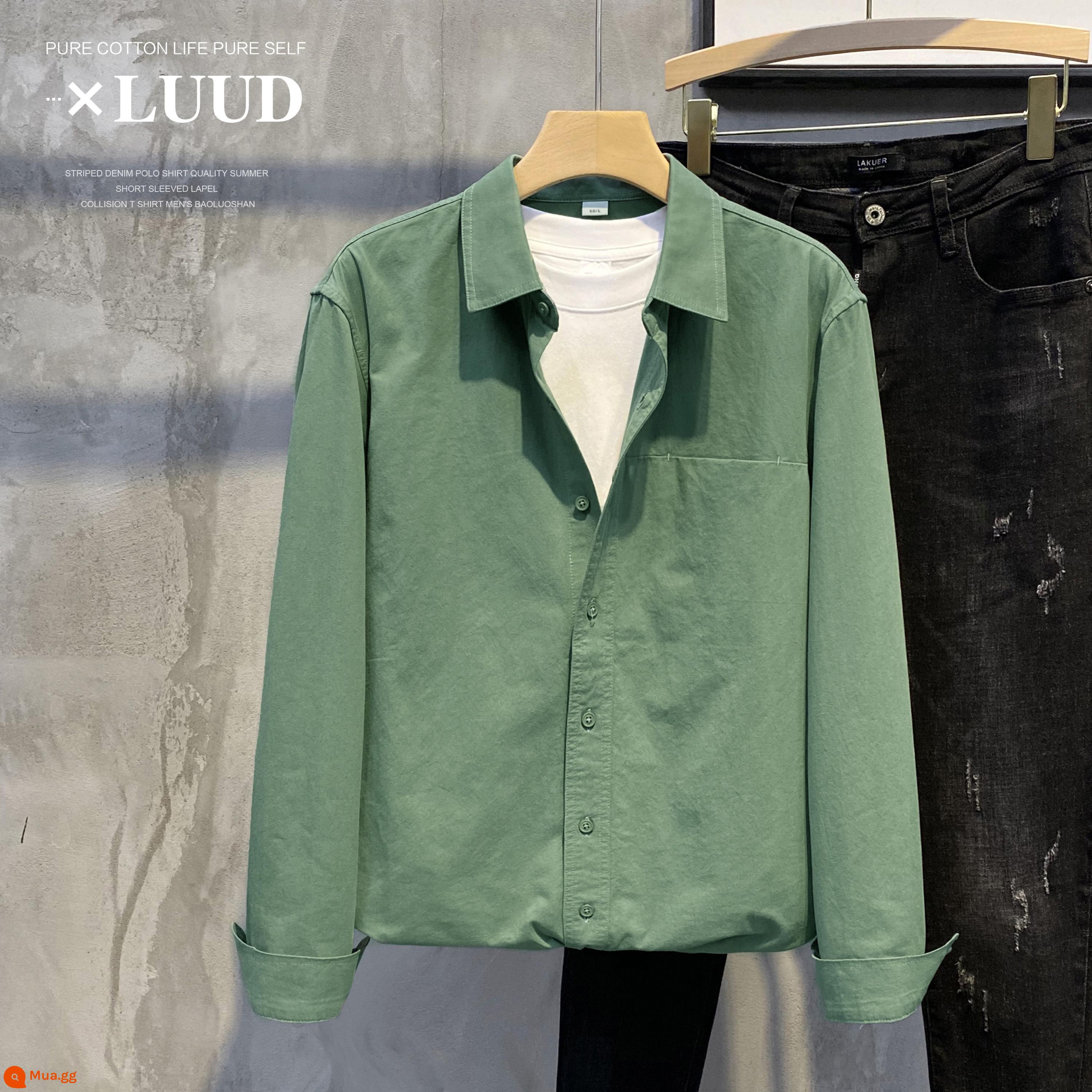 LUUD mùa xuân mới đồng màu đơn giản có ve áo sơ mi nam slim-fit áo sơ mi dài tay giản dị tất cả các trận đấu áo khoác ngoài cao cấp - ngọc lục bảo