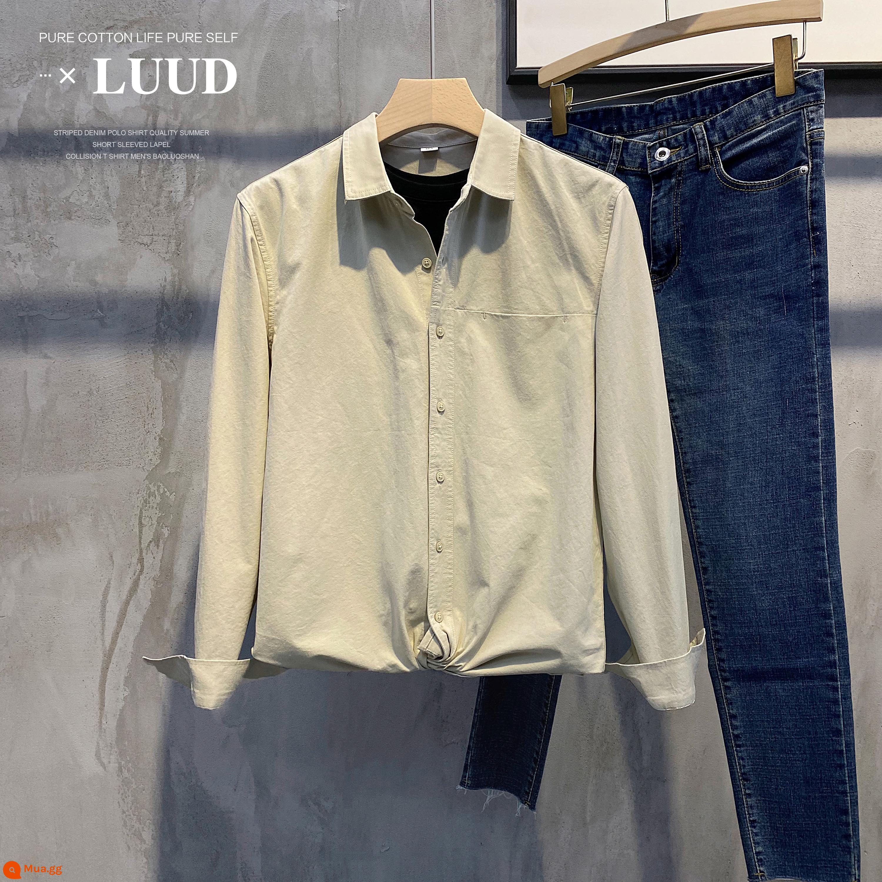 LUUD mùa xuân mới đồng màu đơn giản có ve áo sơ mi nam slim-fit áo sơ mi dài tay giản dị tất cả các trận đấu áo khoác ngoài cao cấp - quả mơ