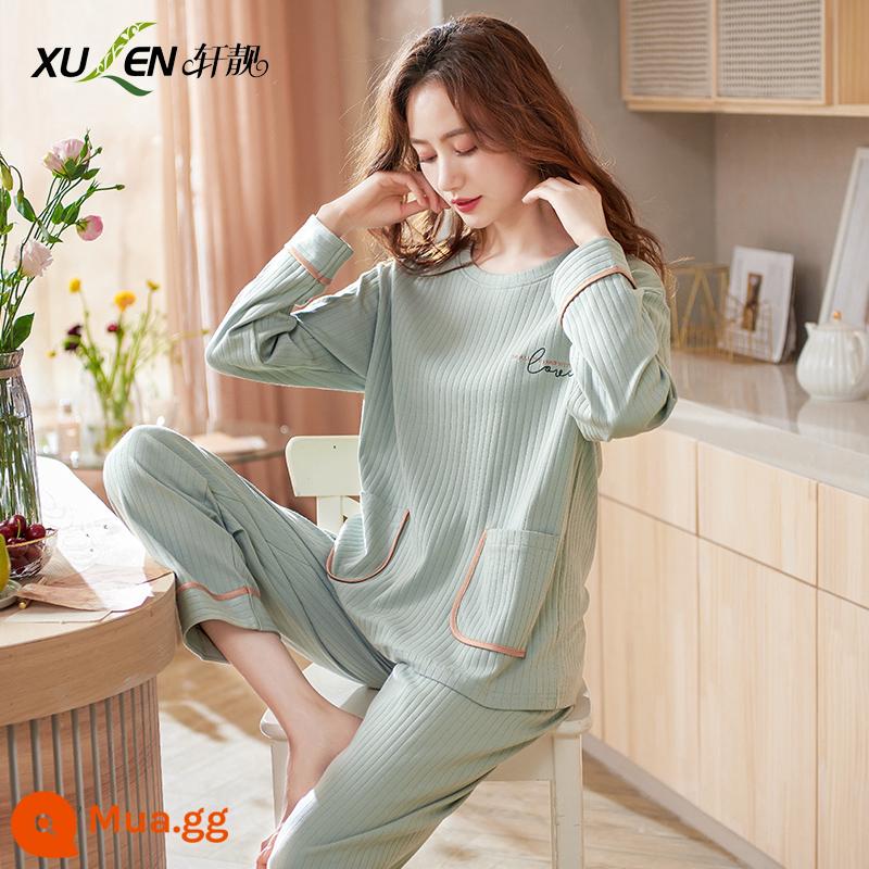 Bộ đồ ngủ nữ 2023 phong cách mùa thu mới mùa xuân và mùa thu cotton mỏng dài tay màu trắng phục vụ tại nhà mùa xuân và mùa hè có thể mặc bên ngoài bộ đồ - 61398 Đậu Xanh [Cotton Co Giãn] [95% Cotton]