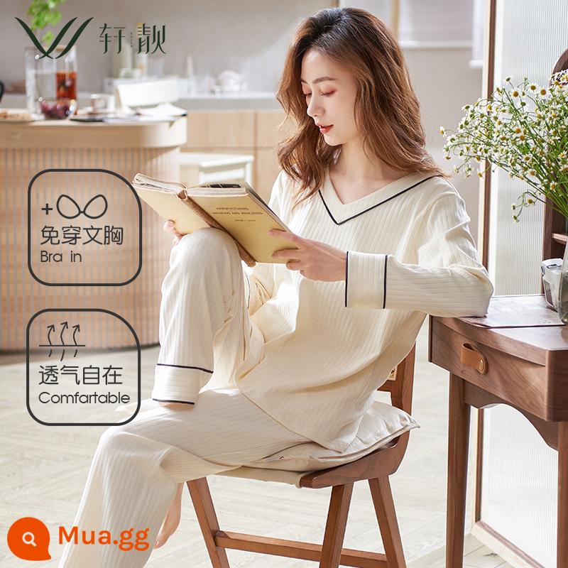 Bộ đồ ngủ nữ 2023 phong cách mùa thu mới mùa xuân và mùa thu cotton mỏng dài tay màu trắng phục vụ tại nhà mùa xuân và mùa hè có thể mặc bên ngoài bộ đồ - 62377 trắng nhạt [có miếng đệm ngực] [cotton có ngăn kéo] [95% cotton]