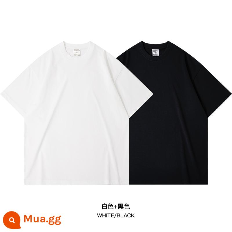 Mua một tặng một! Áo thun cotton ngắn tay màu trắng dày dặn cho nữ mùa xuân thu, cổ tròn dáng rộng, áo dài đáy quần - [Bộ 2 tay ngắn❤️335G phiên bản rời] Trắng ngà + Đen năng động