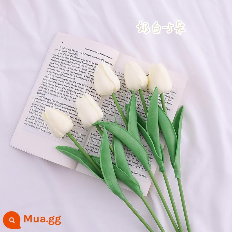 Tulip hoa giả mô phỏng hoa trang trí trang trí nhà phòng ngủ phòng khách bàn ăn sắp xếp khô bó hoa đạo cụ chụp ảnh - Năm bông hoa trắng sữa