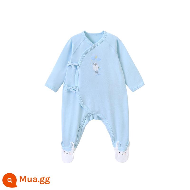 Quần áo trẻ em người Anh Sairou áo liền quần lụa mùa xuân và mùa thu jumpsuit sơ sinh bé trai và bé gái quấn chân bé mùa thu và mùa đông mới - Xanh nhạt YLHAJ01031A (52-59 có chân)