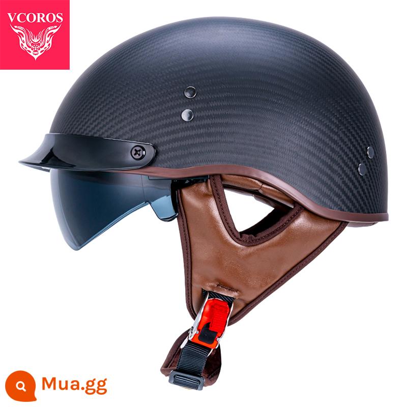 Ý VCOROS Sợi Carbon Xe Máy Nam Nữ Retro Xe Máy Mùa Hè Harley Mũ Bảo Hiểm Nửa Muỗng Mũ Bảo Hiểm - Da nâu đen mờ A200-3K