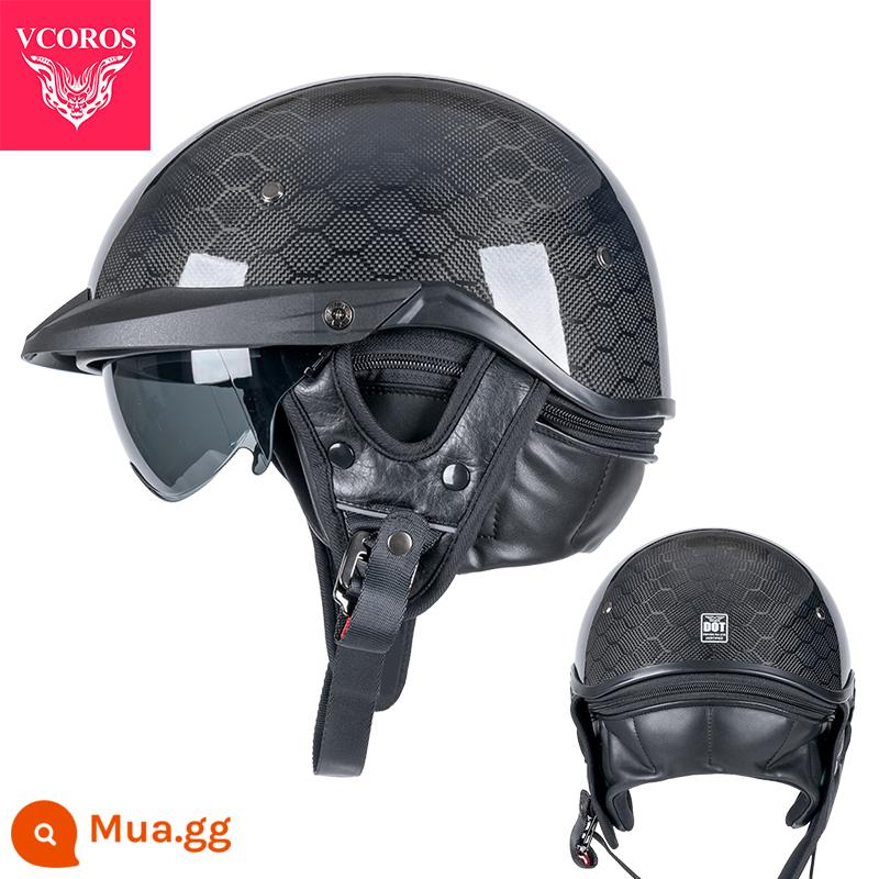 Ý VCOROS Sợi Carbon Xe Máy Nam Nữ Retro Xe Máy Mùa Hè Harley Mũ Bảo Hiểm Nửa Muỗng Mũ Bảo Hiểm - P118-Sợi carbon họa tiết con rắn (có thể điều chỉnh độ đàn hồi + khăn choàng có thể tháo rời)