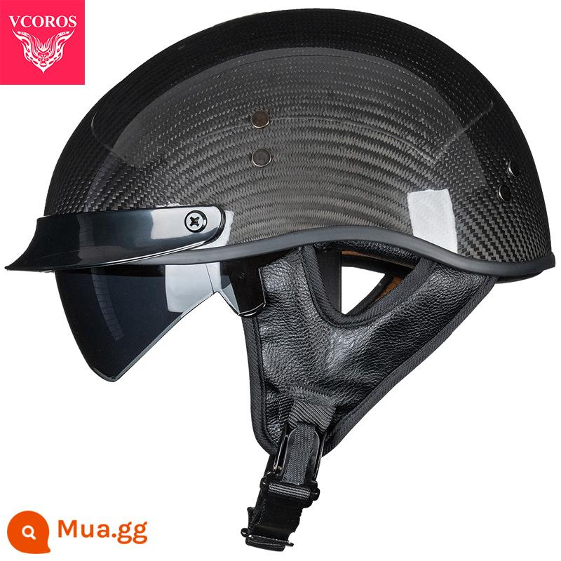 Ý VCOROS Sợi Carbon Xe Máy Nam Nữ Retro Xe Máy Mùa Hè Harley Mũ Bảo Hiểm Nửa Muỗng Mũ Bảo Hiểm - Da đen sợi carbon A200-đen bóng