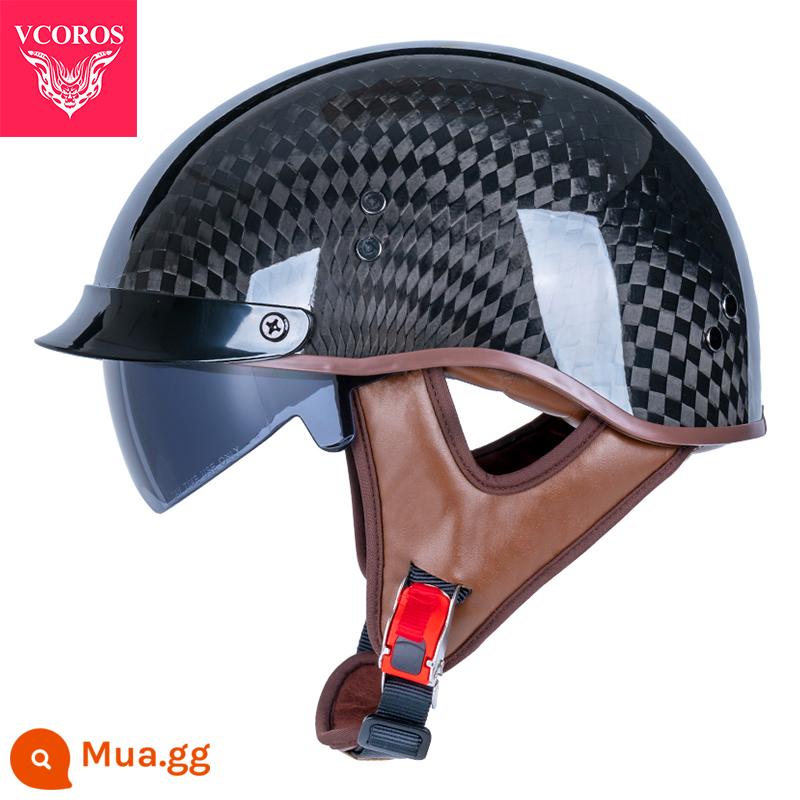 Ý VCOROS Sợi Carbon Xe Máy Nam Nữ Retro Xe Máy Mùa Hè Harley Mũ Bảo Hiểm Nửa Muỗng Mũ Bảo Hiểm - Da nâu đen sáng A200-12K