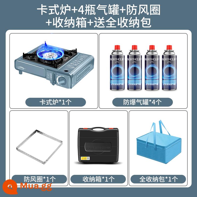 Bếp Cassette ngoài trời di động lĩnh vực bếp Lẩu thẻ từ Cas bếp gas bình gas bếp gas trọn bộ - Bếp Cassette + 4 bình gas + vòng chắn gió + hộp bảo quản + tặng kèm túi đựng đầy đủ