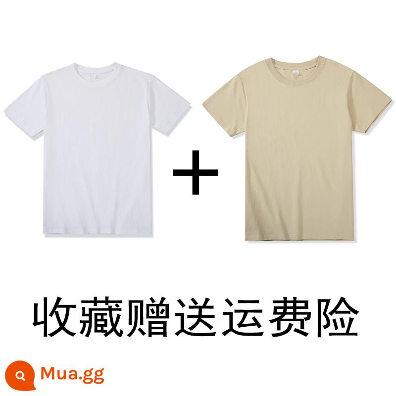 (Mua một tặng một) 200g cotton Tân Cương nặng bông cổ tròn đáy Áo thun ngắn tay áo thun rộng mùa hè nam nữ - trắng + kaki