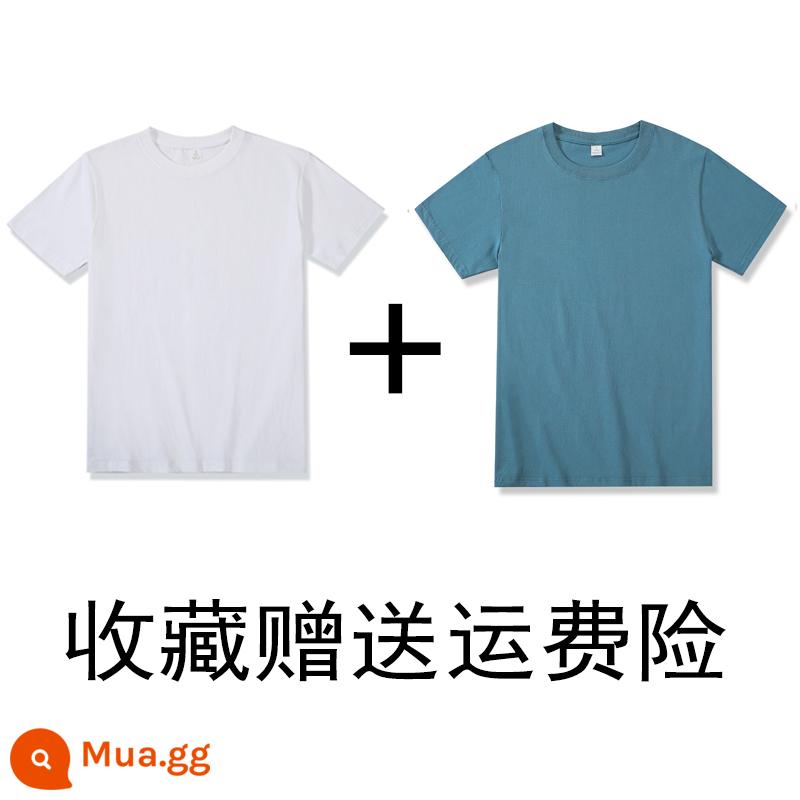 (Mua một tặng một) 200g cotton Tân Cương nặng bông cổ tròn đáy Áo thun ngắn tay áo thun rộng mùa hè nam nữ - Trắng + xanh rêu