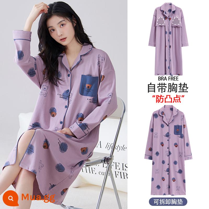 Bộ đồ ngủ cho nữ, mùa xuân thu, cotton nguyên chất dài tay có miếng đệm ngực, bộ đồ ngủ mùa thu cho bà mẹ tương lai, mẫu mùa xuân mới 2024 của phụ nữ - ZX:8869 gấu tím chấm xanh