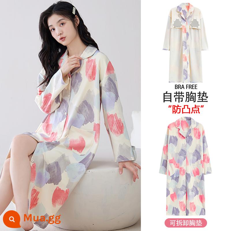 Bộ đồ ngủ cho nữ, mùa xuân thu, cotton nguyên chất dài tay có miếng đệm ngực, bộ đồ ngủ mùa thu cho bà mẹ tương lai, mẫu mùa xuân mới 2024 của phụ nữ - ZX:8864 Khối màu hồng tím Xingyi