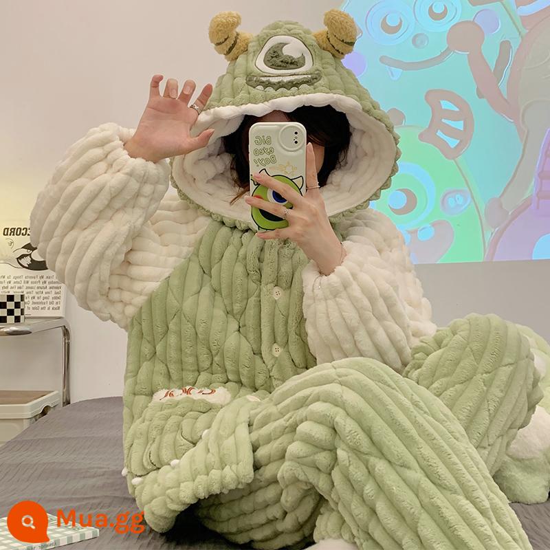 Bộ đồ ngủ 3 lớp cotton mùa đông nữ lưới đỏ phong cách dày Plus nhung flannel mùa đông san hô trang phục vụ tại nhà phù hợp với - 19981 nữ