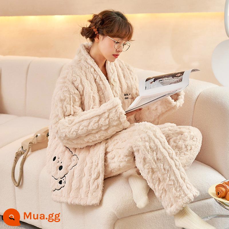 Bộ đồ ngủ 3 lớp cotton mùa đông nữ lưới đỏ phong cách dày Plus nhung phục vụ tại nhà san hô nỉ vải nỉ phù hợp với mùa đông - 96059 nữ