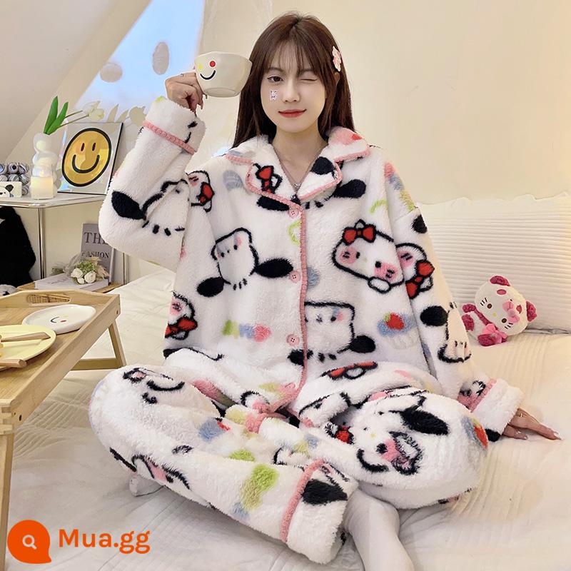 Nhung san hô sang trọng Bộ đồ ngủ mùa đông nữ phong cách Plus nhung dày flannel dễ thương áo khoác ngoài lưới đỏ phong cách phục vụ tại nhà phù hợp với - 23355 nữ