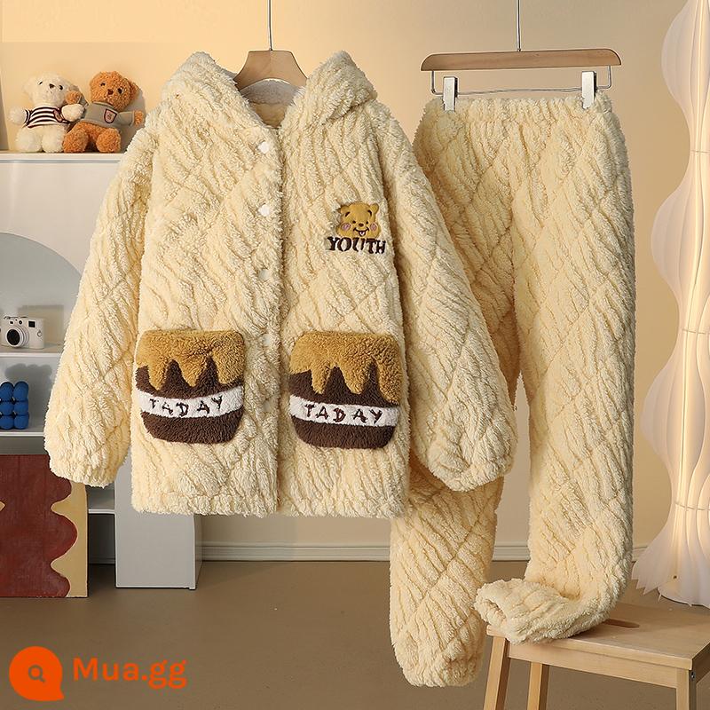 Bộ đồ ngủ 3 lớp cotton mùa đông nữ lưới đỏ phong cách dày Plus nhung flannel mùa đông san hô trang phục vụ tại nhà phù hợp với - 96115 nữ