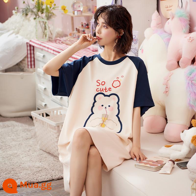 Váy ngủ cotton nguyên chất nữ mùa hè 2023 mới ngắn tay cỡ lớn rời phụ nữ mang thai dễ thương phần mỏng phục vụ tại nhà bộ đồ ngủ - 1876