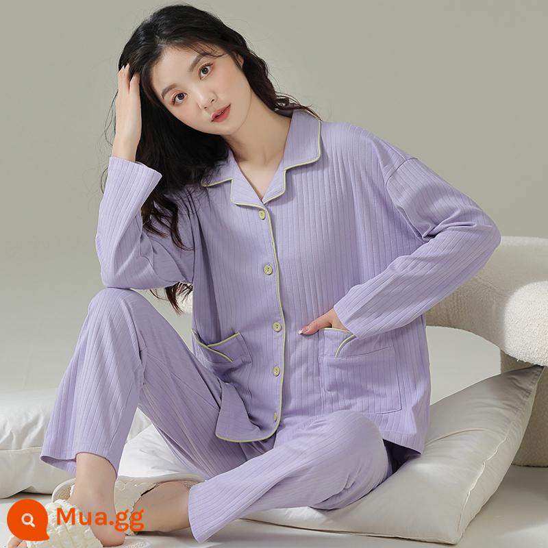 Bộ đồ ngủ nữ mùa xuân và mùa thu dài tay cotton nguyên chất mùa hè mới 2023 cỡ lớn mùa đông và mùa đông có thể mặc bên ngoài phù hợp với dịch vụ tại nhà - 34571-Tím