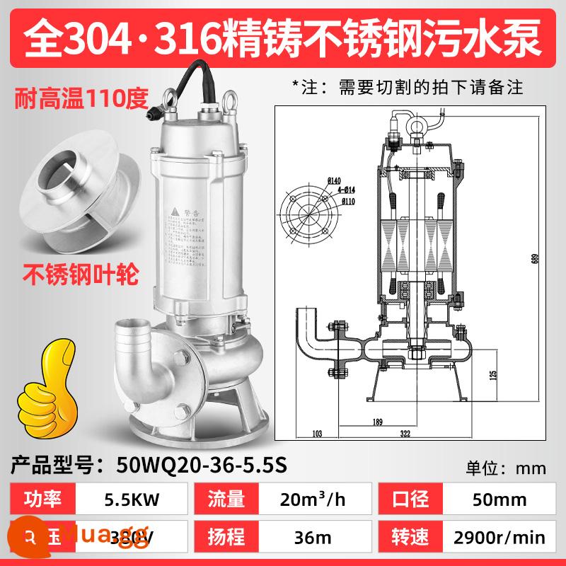 Máy bơm nước thải bằng thép không gỉ 304 của Thượng Hải 316 mà không ngăn chặn bơm chìm axit chống ăn mòn -alkali và máy bơm hóa học kiềm - Tốc độ dòng 5,5kW Sức nâng 20 tấn 36m 2 inch 63kg có bảo vệ nhiệt