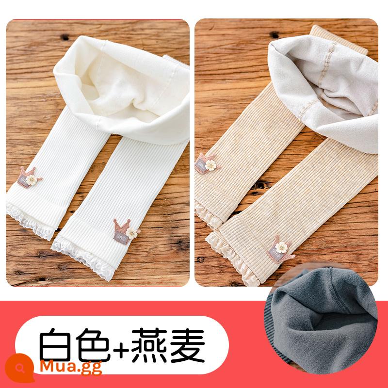 Quần trong trẻ em dành cho bé gái mùa xuân thu đông chất liệu cotton nguyên chất dày vừa phải nhung mỏng dành cho bé gái cộng với quần nhung dày bên ngoài - Trắng + Bột yến mạch [quần nhung mỏng vương miện bên trong]