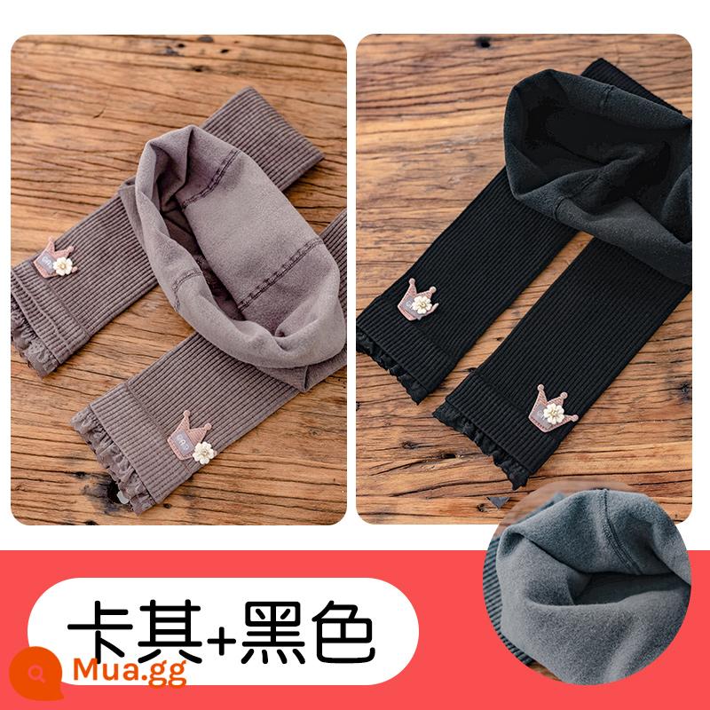 Quần trong trẻ em dành cho bé gái mùa xuân thu đông chất liệu cotton nguyên chất dày vừa phải nhung mỏng dành cho bé gái cộng với quần nhung dày bên ngoài - Kaki + Đen [Quần nhung mỏng vương miện]