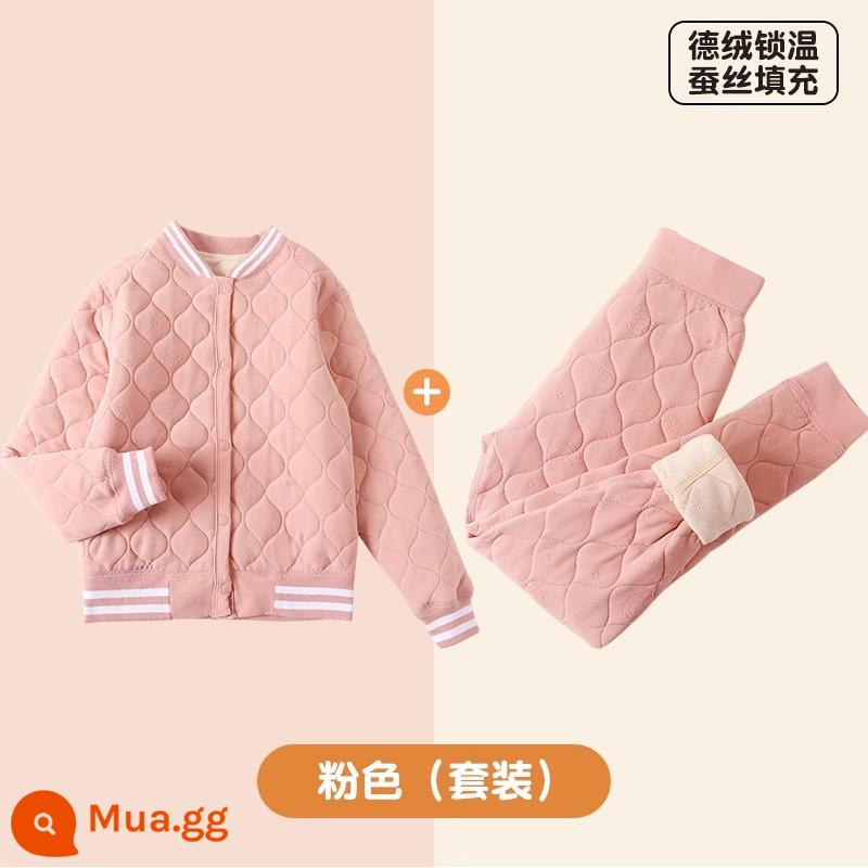 Bé Gái Làm Nóng Quần Lót Lót Cotton Quần Áo Bé Trai Đồng Phục Hiện Vật Mùa Thu Đông Bên Trong Mặc Dày Trẻ Em Quần Áo Mùa Đông - Bộ đồ dài tay màu hồng + quần [Phim hoạt hình Shaohua] 2016+2018