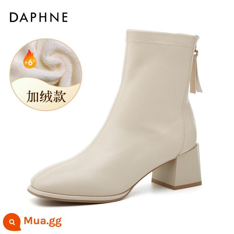 Daphne Pháp bốt cổ ngắn và cổ chân bốt dày gót dày mùa đông bốt mỏng màu trắng mùa thu đông bốt đơn cao gót giày nữ - Màu trắng nhạt [nhung]