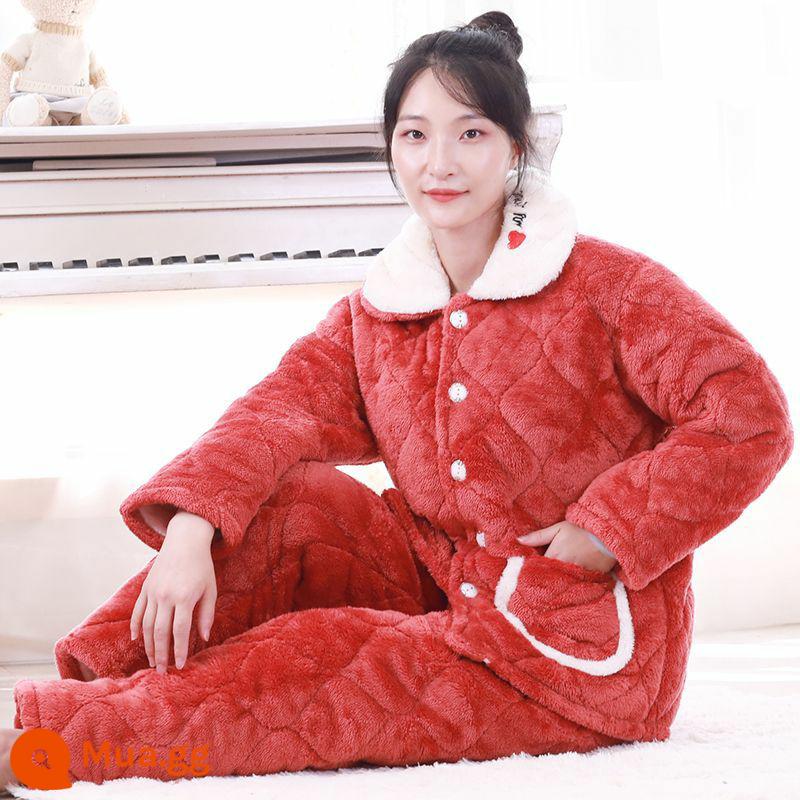 Bộ đồ ngủ nữ mùa đông lông cừu san hô dày và nhung Bộ đồ ngủ cotton ba lớp flannel phục vụ tại nhà áo khoác bông mùa đông ngọt ngào - Màu đỏ rỉ sét (thêu tình yêu)