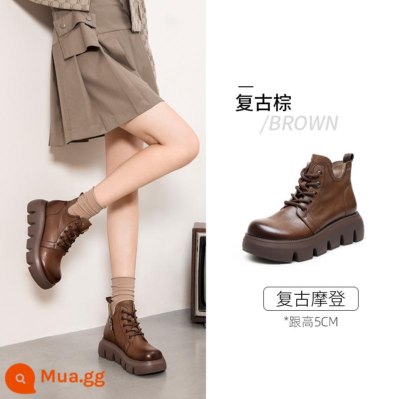 Giày Nữ Camel 2023 Mùa Thu Đông Mới Giày Bốt Martin Đế Dày Nữ Da Thật Tăng Chiều Cao Nhung Dày Gót Giày Boot Cổ Ngắn - LF22245138, màu nâu,